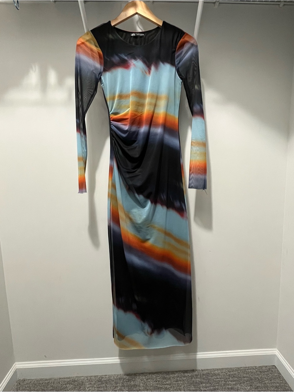 Zara Long-Sleeve Maxi Dress in Black, Blue and Orange